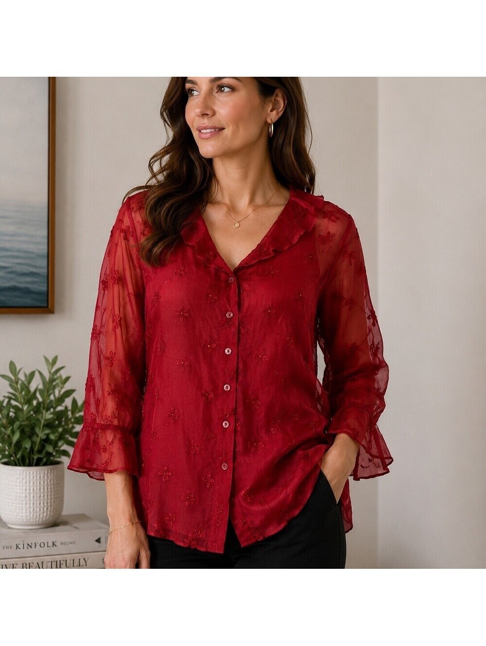 TESS Vintage 100% Silk Red Embroidered Sheer Blouse Top L Deadstock New Romantic